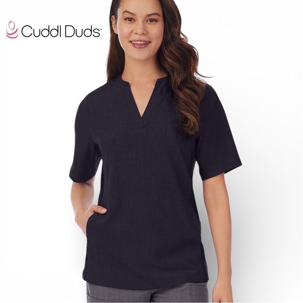 Climate Right Cuddl Duds V-Neck Nurse Scrub Top Womens Stretch 6-Pocket | Sz S